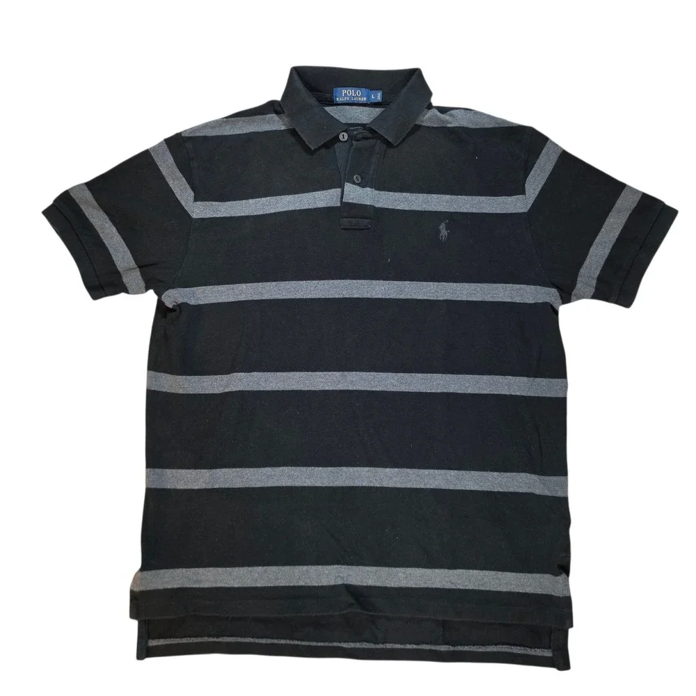 Polo Ralph Lauren Mens L Rugby Polo Shirt Black Grey Striped Rubber Buttons